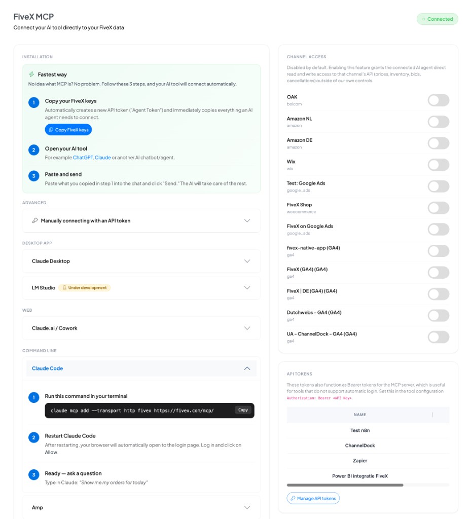 FiveX MCP setup screen showing AI tool installation steps, channel access toggles and API token management.